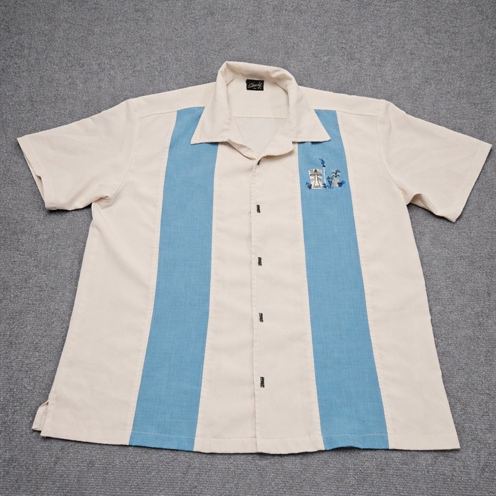 Vintage Steady Bowling‎ Shirt XL Cream Blue Embroidered Tiki Hawaiian Y2K Party